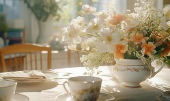 ai generato tazza di caffè e mazzo di primavera fiori su il tavolo foto