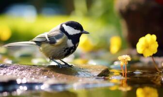 ai generato grande tetta parus maggiore nel un' pozzanghera dopo il pioggia foto