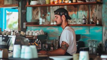 ai generato sulla spiaggia barista, barista a opera nel un' sulla spiaggia bar, sfondo Immagine, generativo ai foto