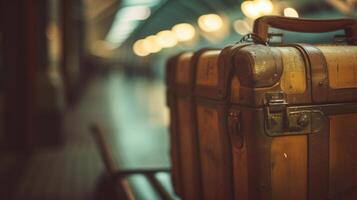 ai generato catturare un' Vintage ▾ valigia Aperto con viaggio essenziali spargimento fuori, sfondo Immagine generativo ai foto