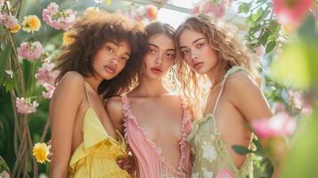 ai generato primavera moda sparare, vetrina primavera moda con Modelli nel luce, sfondo Immagine, generativo ai foto