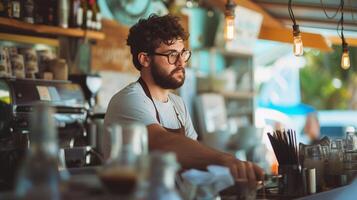 ai generato sulla spiaggia barista, barista a opera nel un' sulla spiaggia bar, sfondo Immagine, generativo ai foto