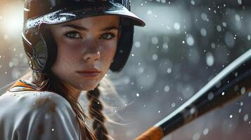 ai generato ritratto di un' giovane bianca femmina indossare baseball giocatore uniforme nel azione, sfondo Immagine, ai generato foto