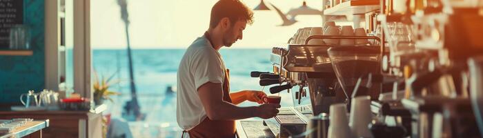 ai generato sulla spiaggia barista, barista a opera nel un' sulla spiaggia bar, sfondo Immagine, generativo ai foto