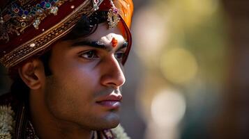 ai generato ritratto di giovane indiano maschio indossare tradizionale indiano Abiti, generativo ai foto