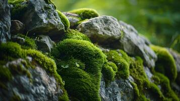 ai generato Esplorare il struttura e vivace verde tonalità di muschio copertura rocce nel un' naturale ambientazione, sfondo Immagine, generativo ai foto