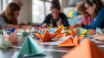 ai generato origami officina, persone di tutti età coinvolgente nel un origami officina, sfondo Immagine, generativo ai foto