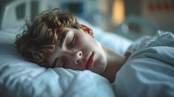 ai generato ritratto di un' giovane bianca maschio addormentato malato nel un' ospedale letto con un' addolorato viso, sfondo Immagine, ai generato foto