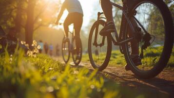 ai generato rinnovato all'aperto attività, persone coinvolgente nel all'aperto attività piace bicicletta, escursionismo, o giocando gli sport nel il piacevole primavera tempo atmosferico, sfondo Immagine, generativo ai foto