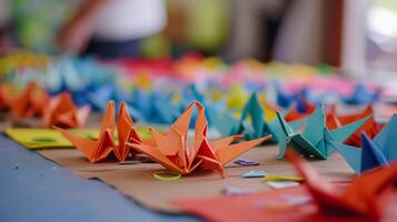 ai generato origami officina, persone di tutti età coinvolgente nel un origami officina, sfondo Immagine, generativo ai foto