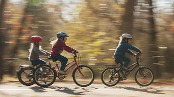 ai generato famiglia bicicletta giro, famiglia Ciclismo insieme nel un' parco, sfondo Immagine, generativo ai foto