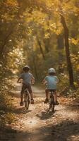 ai generato famiglia bicicletta giro, famiglia Ciclismo insieme nel un' parco, sfondo Immagine, generativo ai foto