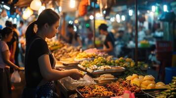 ai generato Locale mercato scoperta, vetrina un' viaggiatore esplorando un' vivace Locale mercato, sfondo Immagine generativo ai foto