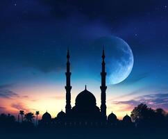 ai generato moschea tramonto cielo, Luna, santo notte, islamico notte e silhouette moschea, islamico sfondo foto