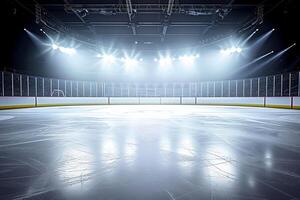 ai generato neve e ghiaccio sfondo stadio vuoto ghiaccio pista illuminato di faretti foto