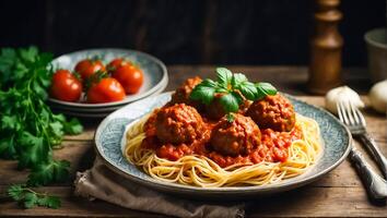 ai generato delizioso appetitoso Polpette con spaghetti, pomodoro salsa nel il cucina foto