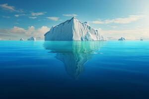 ai generato sorprendente iceberg con un' nascosto iceberg subacqueo nel il oceano. il mancia di il iceberg, un' concetto. creativo idea di un' nascosto Pericolo. globale riscaldamento e fusione ghiacciai foto