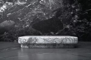 ai generato vuoto buio grigio marmo tavolo podio superiore con ombra far cadere su nero marmo parete sfondo foto