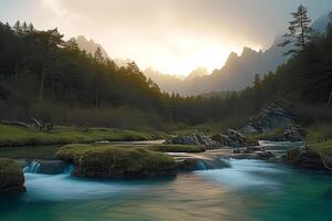 ai generato fiume rapide circondato di settentrionale foresta e montagne a mattina 3d rendere. bellissimo natura paesaggio, panoramico all'aperto sfondo, serenità e quiete foto