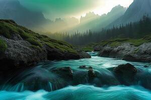 ai generato 3d rendere di fiume rapide abbracciato di un' settentrionale foresta e maestoso montagne, lavorazione un' mozzafiato natura paesaggio con serenità, calma, e panoramico all'aperto bellezza foto