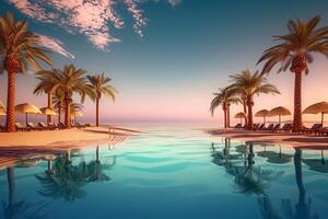 ai generato squisito costiero ritiro, bordo piscina Paradiso con sala le zone, gli ombrelli, e tropicale palme foto