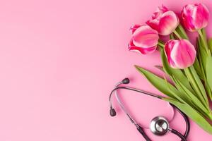 ai generato mazzo di tulipani e stetoscopio su rosa sfondo. superiore Visualizza con copia spazio. nazionale medico giorno. contento infermiera giorno. foto