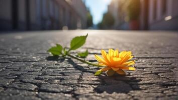 ai generato bellissimo solitario fiore cresce a partire dal asfalto foto