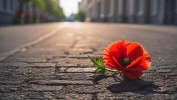 ai generato bellissimo solitario fiore cresce a partire dal asfalto foto