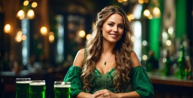 ai generato bellissimo ragazza con un' bicchiere di verde birra nel un' bar foto