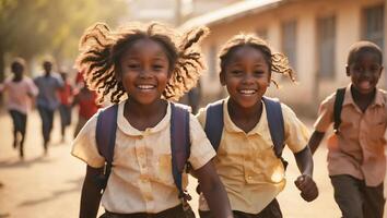 ai generato contento africano americano scolari in esecuzione attraverso il scuola cortile foto