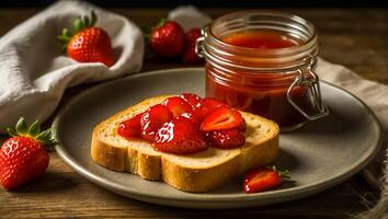 ai generato delizioso appetitoso pane con fragola marmellata su il tavolo foto