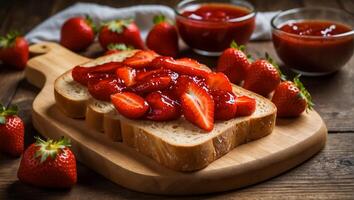 ai generato delizioso appetitoso pane con fragola marmellata su il tavolo foto