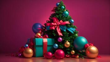 ai generato Natale albero, giocattoli, regalo scatola foto