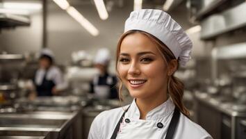 ai generato contento donna cucinare nel ristorante cucina foto