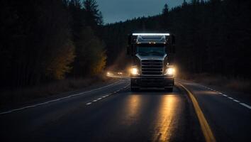 ai generato moderno camion guida su il strada a notte nel estate foto
