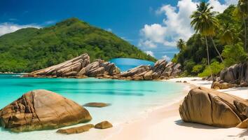 ai generato magnifico soleggiato spiaggia nel Seychelles foto