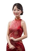 ai generato contento bellissimo asiatico donna con indossare tradizionale cheongsam vestito - generato Immagine foto