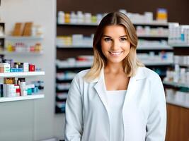 ai generato contento bellissimo farmacista nel un' farmacia negozio droga memorizzare - generato Immagine foto
