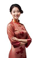 ai generato contento bellissimo asiatico donna con indossare tradizionale cheongsam vestito - generato Immagine foto