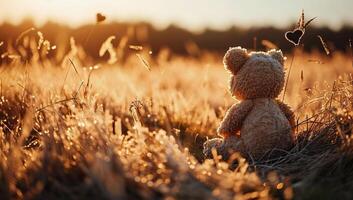 ai generato un' orsacchiotto orso seduta nel un' d'oro campo durante tramonto foto