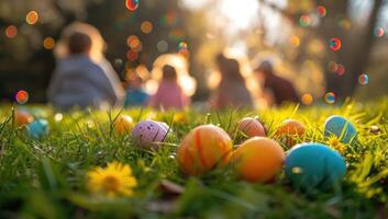 ai generato colorato Pasqua uova nel il erba con sfocato bambini su sfondo foto