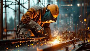 ai generato industriale lavoratore con protettivo maschera saldatura acciaio struttura a costruzione luogo. foto