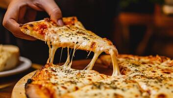 ai generato Pizza con Mozzarella formaggio su un' di legno tavola foto