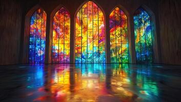 ai generato colorato macchiato bicchiere finestre nel un' Chiesa con riflessione su il pavimento foto