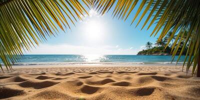 ai generato soleggiato tropicale spiaggia con palma le foglie foto