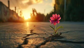 ai generato rosa fiore in crescita attraverso Cracked marciapiede a tramonto foto
