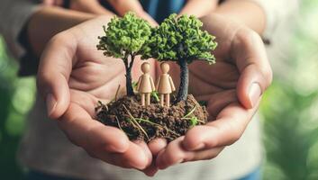 ai generato mani Tenere suolo con miniatura albero e di legno figure. eco amichevole concetto foto