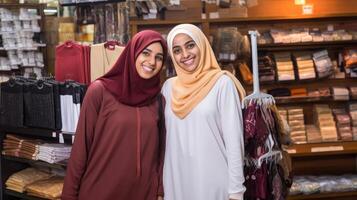 ai generato musulmano donne shopping nel capi di abbigliamento memorizzare foto