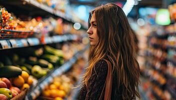 ai generato donna shopping per fresco produrre nel un' drogheria memorizzare foto