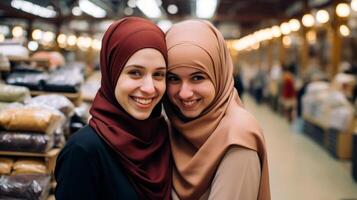 ai generato Due donne nel hijab shopping a un' mercato foto